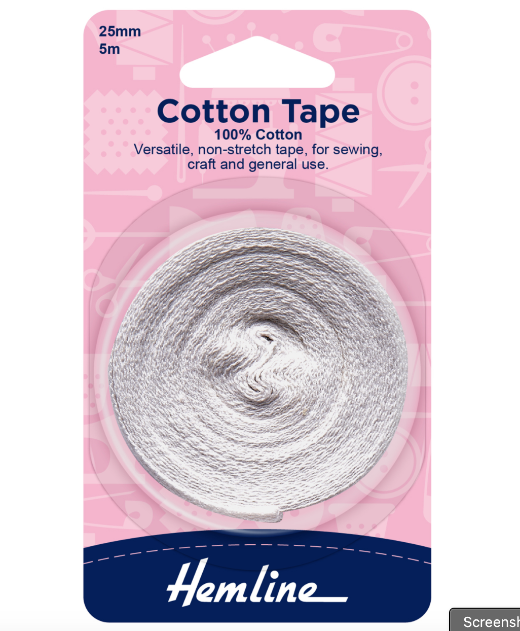 Hemline Cotton Tape 5m x 25mm - White