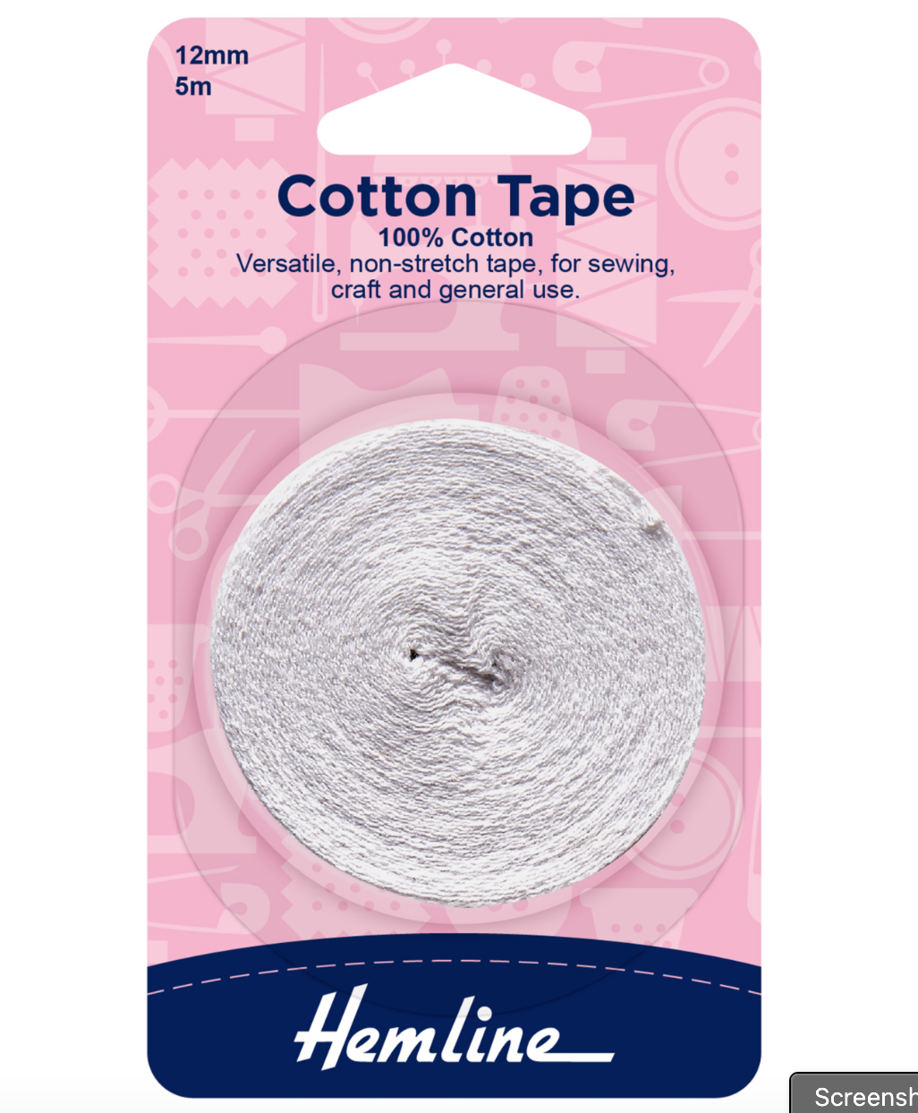 Hemline Cotton Tape 5m x 12mm - White