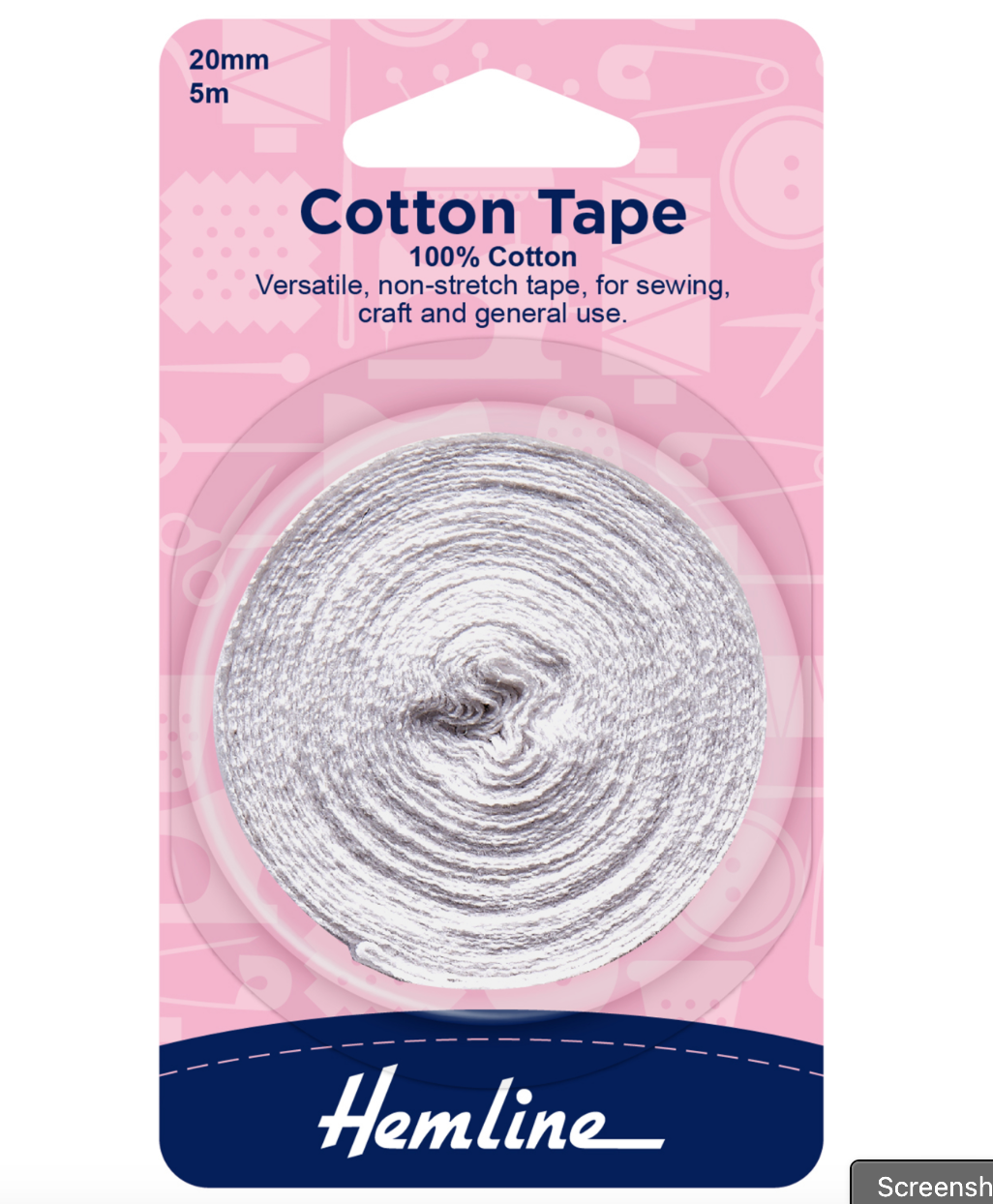Hemline Cotton Tape 5m x 20mm - White