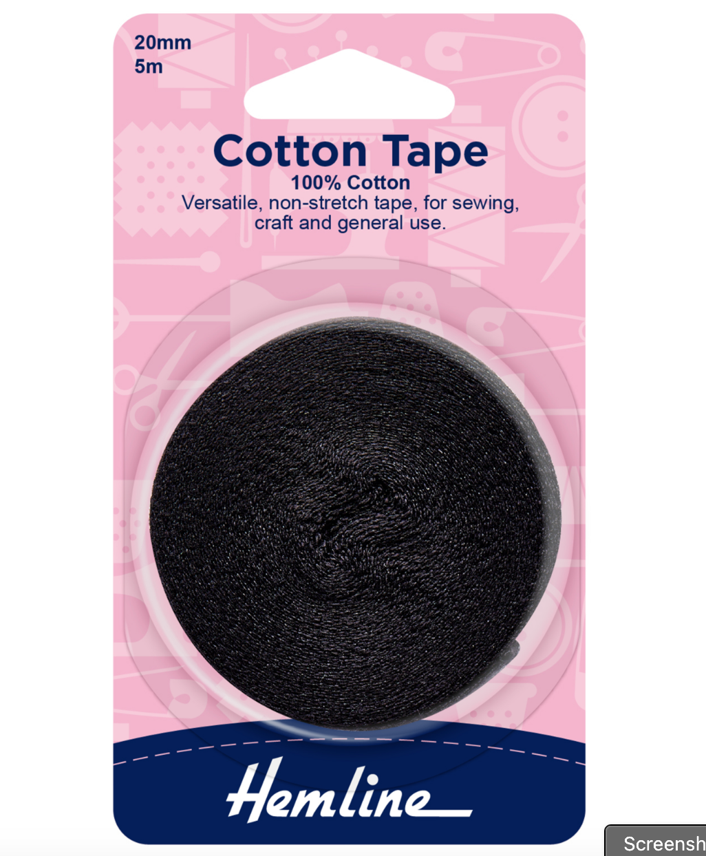 Hemline Cotton Tape 5m x 20mm - Black