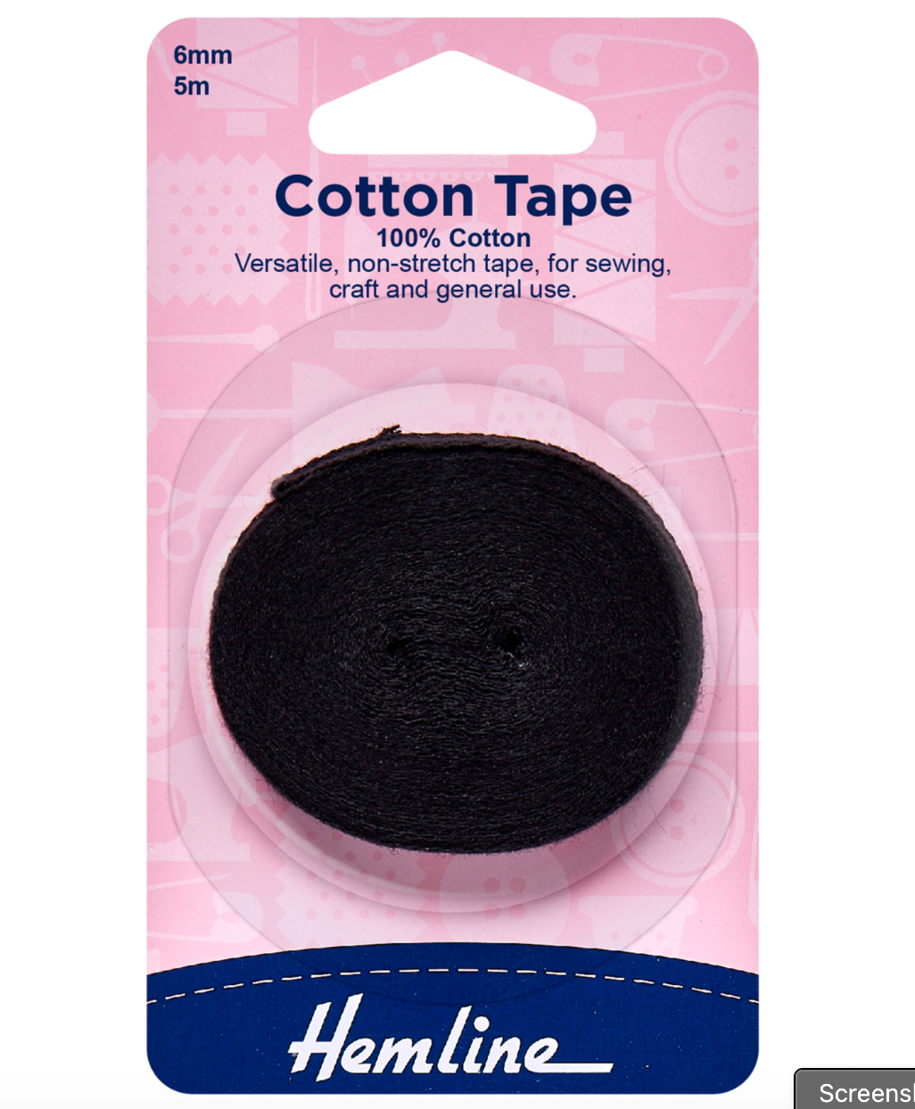 Hemline Cotton Tape 5m x 6mm - Black