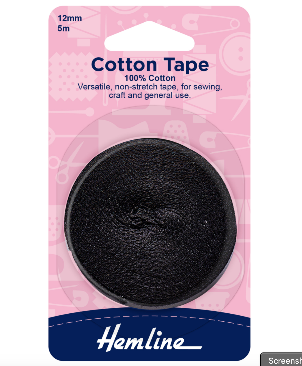 Hemline Cotton Tape 5m x 12mm - Black